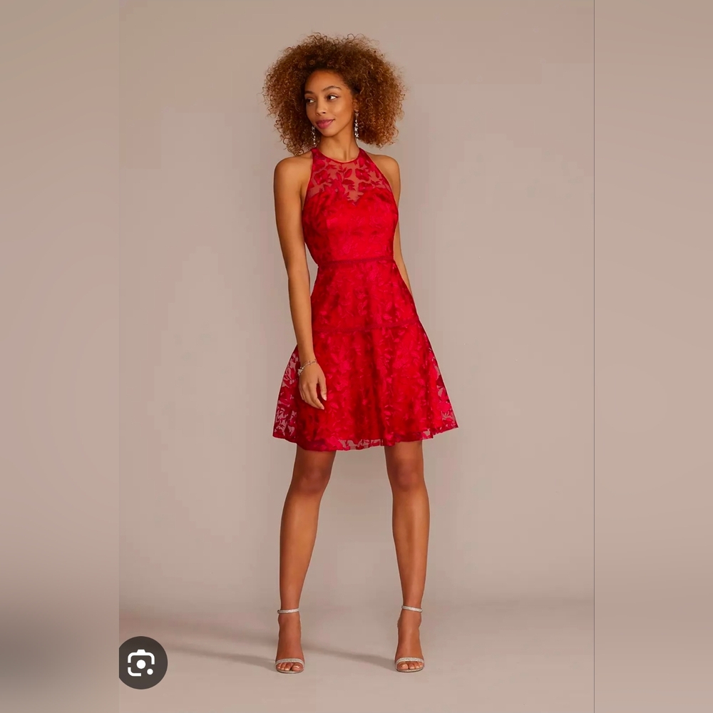 Illusion Lace Halter A-Line Dress | David's Bridal (Red)